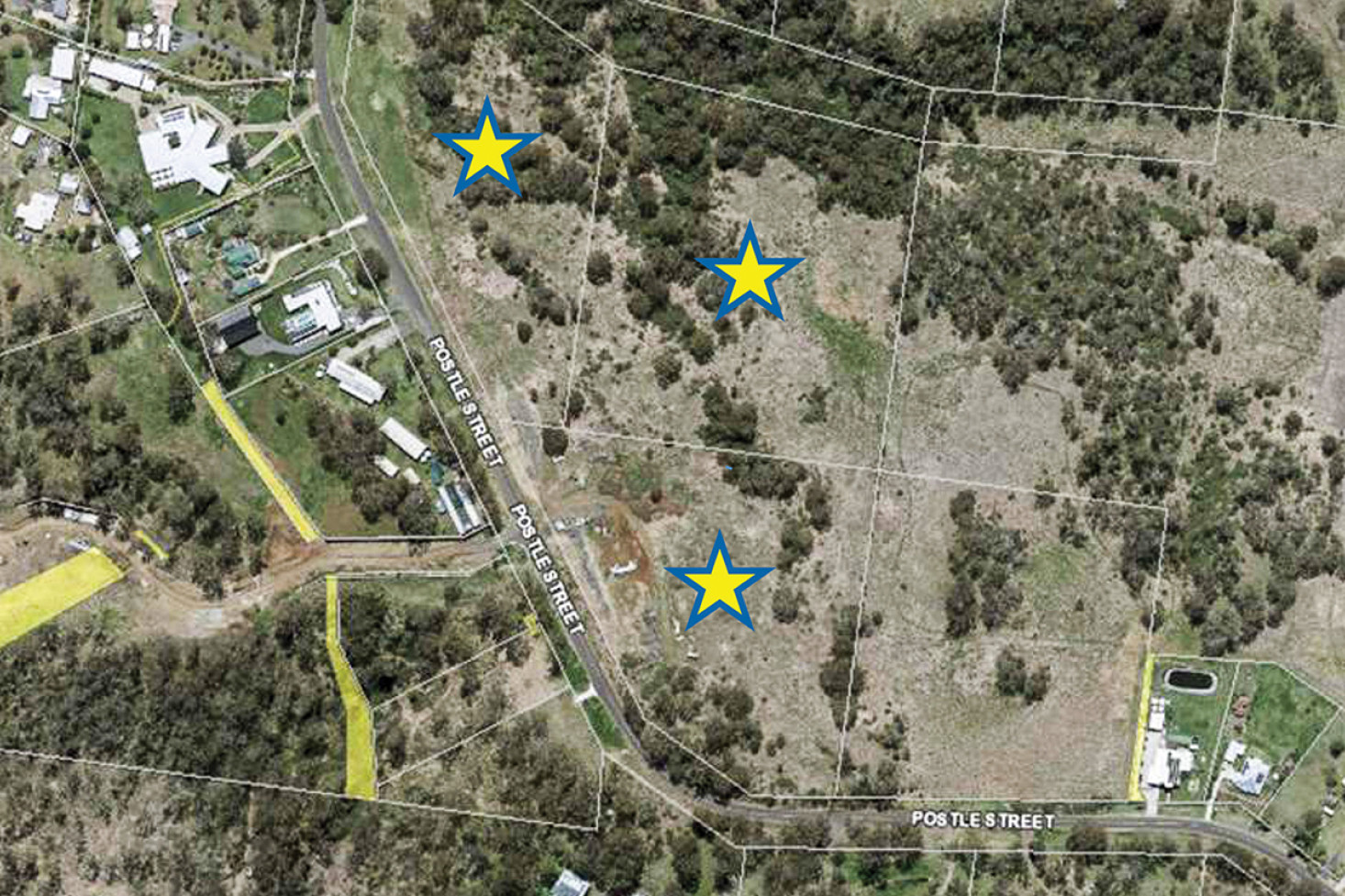 The three lots comprising the proposed subdivision are represented by stars. As can be seen, existing rural residential properties exist to the west and east.