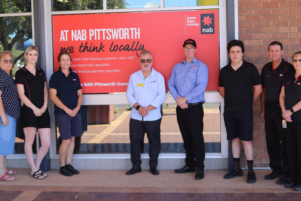 Frustrated by the impending closure of another bank in town are local business representatives Rhonda Ashton (Pittsworth District Alliance, Ashton’s Butchery), Renee Markey (Pittsworth Newsagency), Sharon Denning (Cains Pharmacy), Alex Metcalf (Beauaraba Living), Mark Lindenberg (Lindenberg & Co. Mitsubishi), Matthew Pfeffer (Price Busters Variety), Shane and Tracy Smith (IGA Pittsworth).