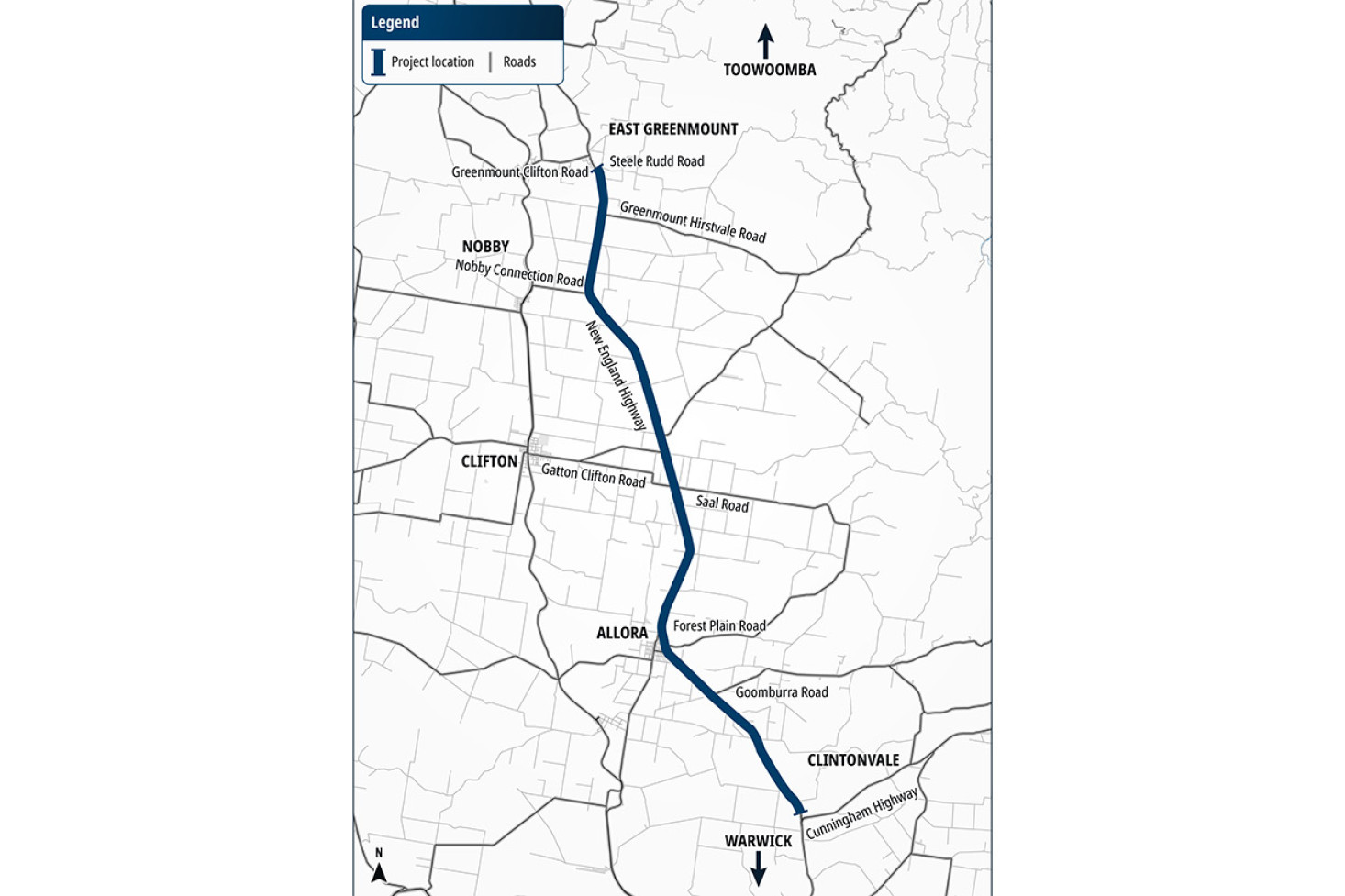A map of the project area outlining safety improvements for sections of the New England Highway.