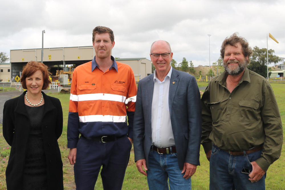 It was smiles all around at New Acland Mine as, from left, Toowoomba and Surat Basin Enterprise CEO Ali Davenport, New Acland Mine General Manager Dave O’Dwyer, Member for Condamine Pat Weir and local farmer Peter Kuhl celebrated the approval of New Acland Stage 3.