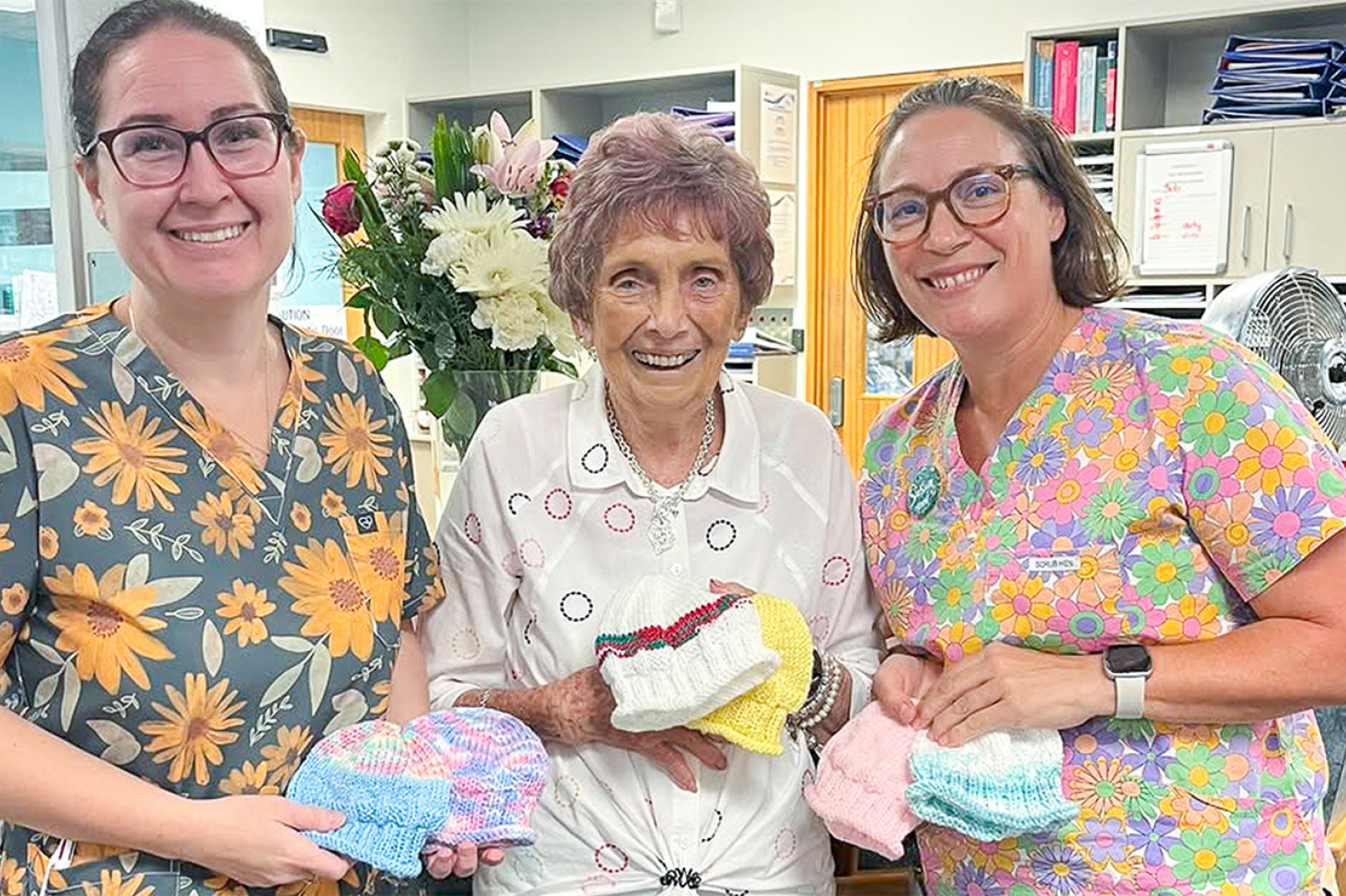 Norma Stower recently delivered another batch of knitted beanies to the Maternity Unit in Toowoomba. Photo, St. Vincent’s Private Hospital Toowoomba