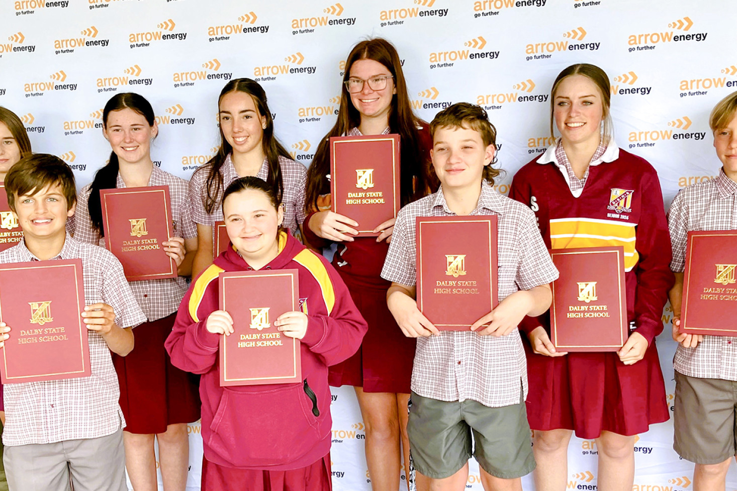 ABOVE: Scholarship recipients (left to right) Brianna White, Luke Hartley (from Nutgrove), Lilly Anderson (from Nutgrove), Rhiannon Ryan – (from Upper Cooyar Creek), Cassie Cooke (wearing the hoodie), Pheebe Usher – from Durong (wearing glasses), Layne Millican, Hannah Kelly, Johnny Elliott.