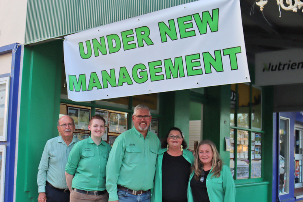 Despite the new ownership, there are all still familiar faces at Nutrien Harcourts Clifton. From left: Eugene Hollis-Neath, Rachel Grice, Ian Brady, Kellie Brady and Sonia Handford.