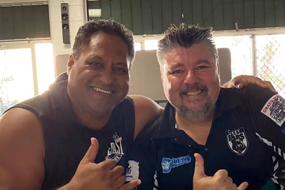 Oakey Senior Bears Rugby League Club president Brendan Dolan (right) with the first ever womens open side coach Eddie Dean (left).