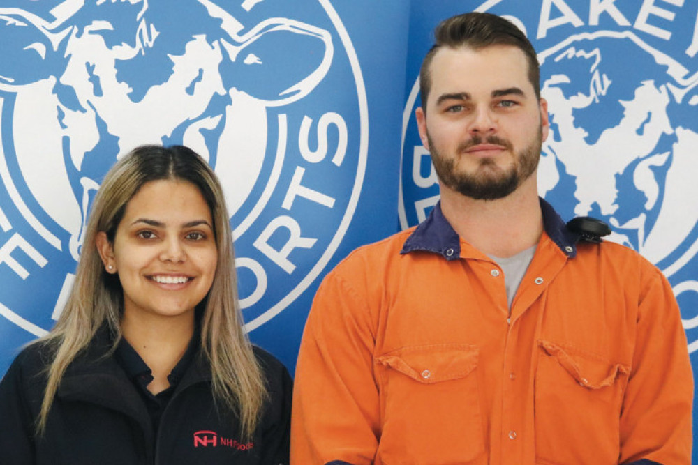 Oakey Beef Exports HR Coordinator Nathalia Barbosa with electrician and training awards finalist Hans van der Merwe.