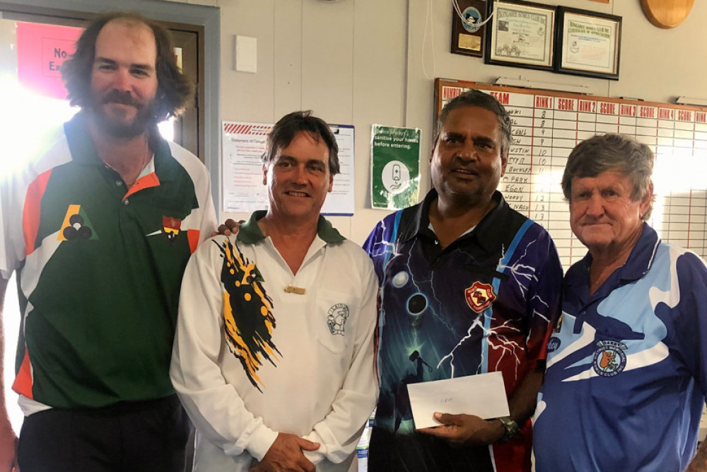 Darling Downs Bowls Association (DDBA) Single Men’s Final winner Jimmo Hagan (second from right) and runner-up Jamie Dickson (second from left) with games director Callom Browne (left) and Oakey Bowls Club president Alan Jackson (right).