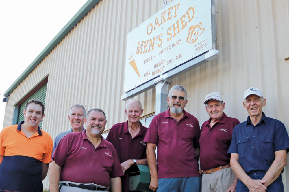 Oakey Men’s Shed members at their 1 Cory Street premises, from left: Chris Gorton, Arthur Wingett, Darren Mulder, Lex Hudson, Graeme Garvis, John Greenhalgh and Steve Clark.
