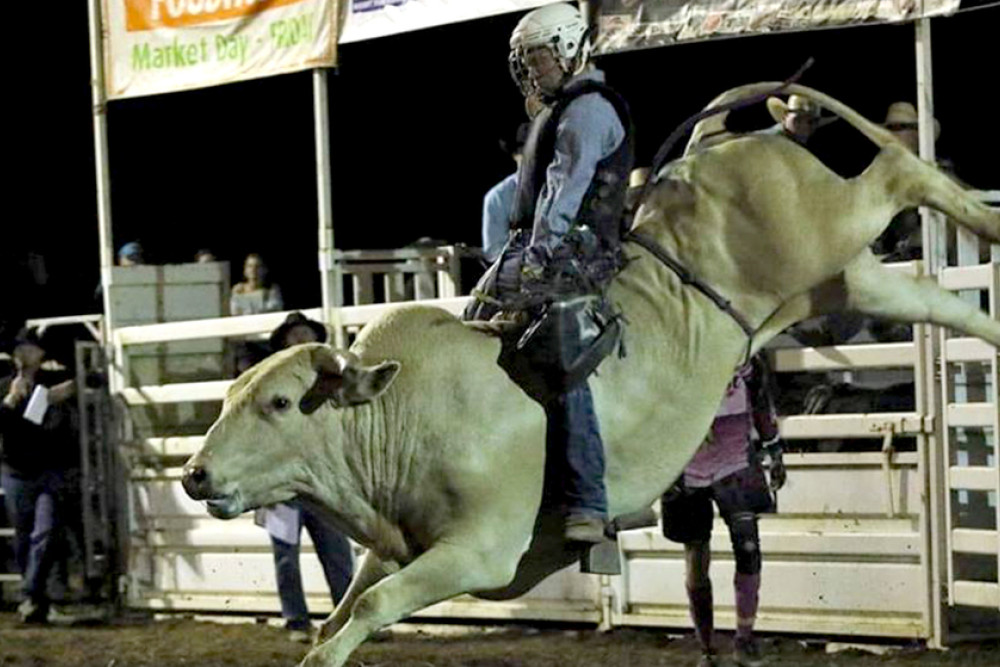 ABOVE: A cowboy rides a bull at the 2019 Oakey Rodeo at the Showgrounds.