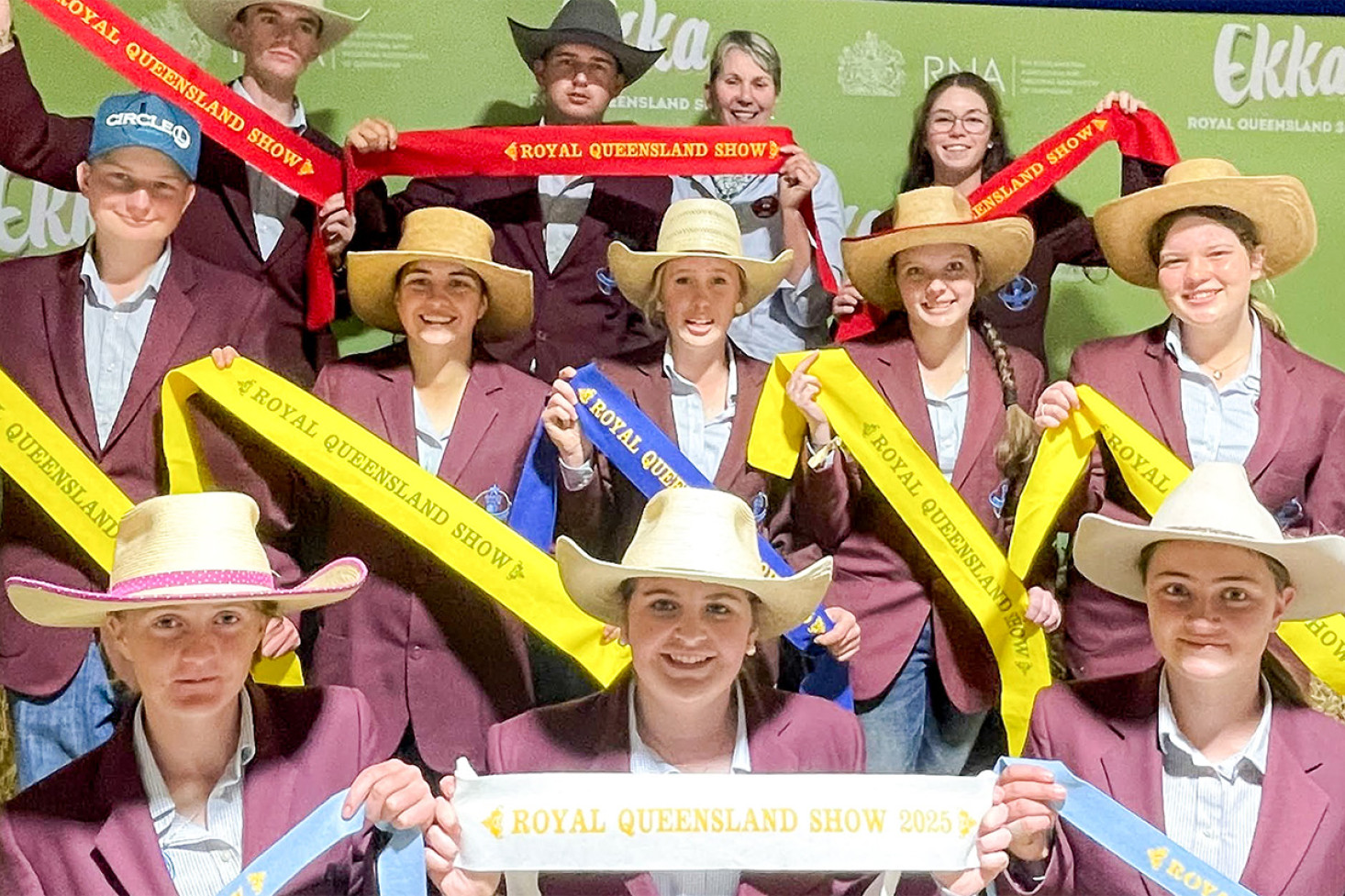RIGHT: The award-winning OSHS Ag Team. Back (L-R): Cooper James Nelson, Ryan Densley, Mrs Debbie Goudie, Matilda Herron Middle (L-R): Dominic Densley, Cassie Brown, Amy Turner, Brianna Keen, Kaytlyn O’Connell Front (L-R): Sophie Wieck, Sienna Welke, Crystel Wieck.
