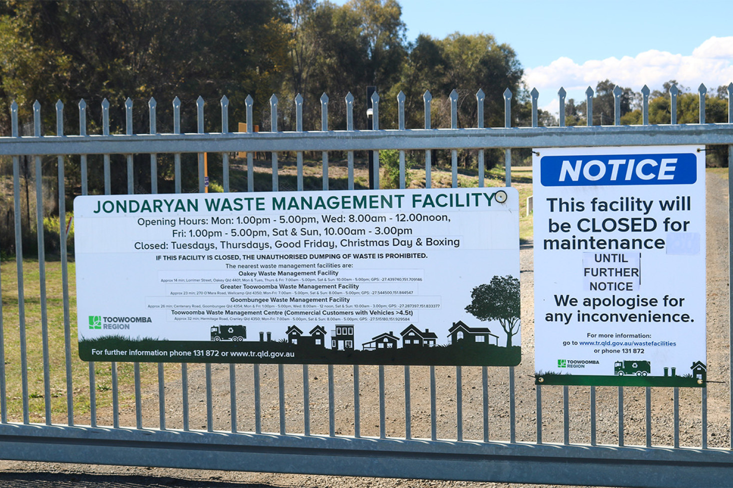 Jondaryan’s Waste Management Facility is closed to the public due to damage caused by a user.