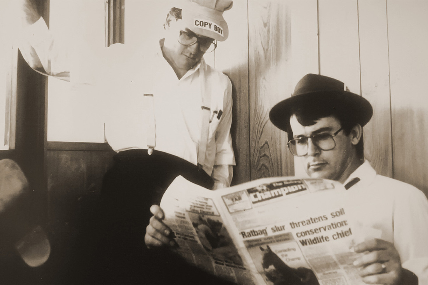 Ian Leahy and Alan Wilson lark about at the 1985 Jondaryan Woolshed Heritage Weekend - an event the fledgling paper threw itself behind.