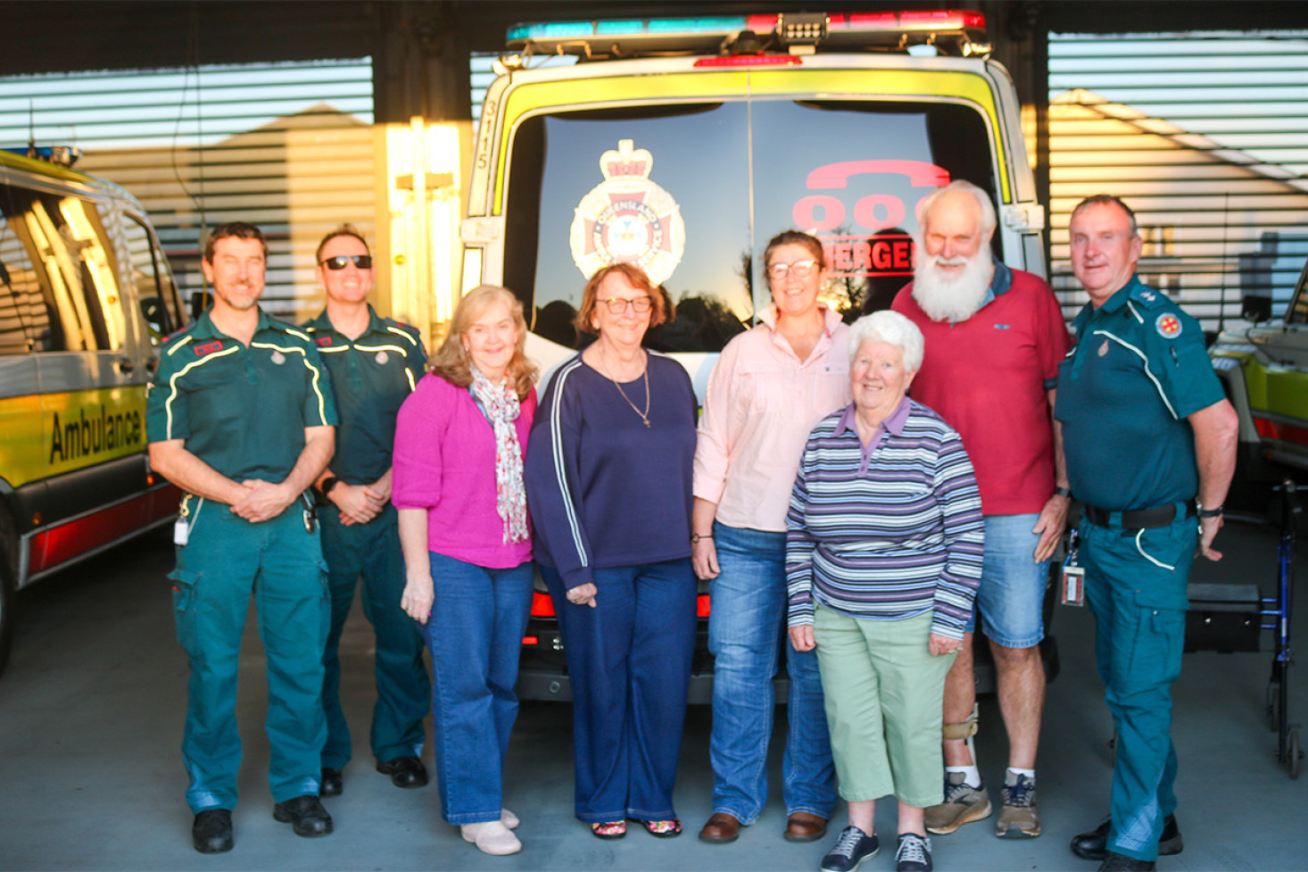 Advance Care paramedics Nicholas Faulkner and Keith Hafsteins, Toowoomba Regional Council Community Development Officer (West) Karen Suhl, Cath Wright (LAC Secretary), Jenni Timperley (LAC Treasurer), Kathy Lange (LAC Vice President), Geoff Kapernick (LAC President) and Peter Barron (Acting Officer-in-Charge, Oakey Ambulance Station)