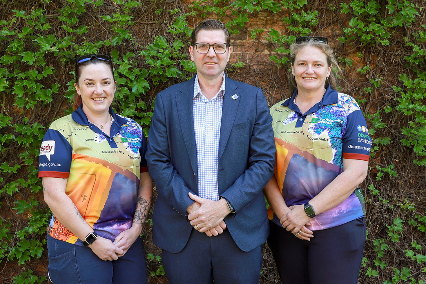 Pictured with TRC Mayor and LDMG chair Cr Geoff McDonald, TRC’s Disaster Management Officer Alana Macgregor (left), and Principal of Disaster Management Jenna Buckley have been working with QIT+ for the past six months to complete the Disaster Dashboard upgrades.