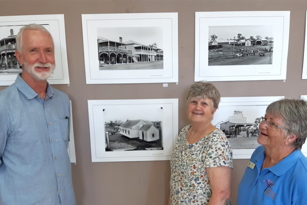 Pardey connections. From left, Guy Pardey discusses his great grandfather’s legacy with History Pittsworth volunteers Gail Parish and Glynn Mace during his visit on Saturday.