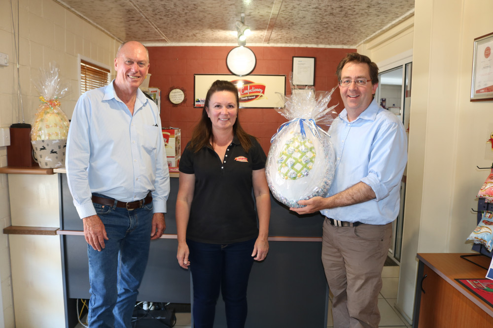 While in Pittsworth Pat Weir and James McGrath briefly visited Pittsworth Confectionery to collect 50 candy eggs. Senator McGrath said the old school candy eggs are something he truly enjoys. From left are Member for Condamine Pat Weir, owner of Pittsworth Confectionery Michelle Porter, and LNP Senator for Queensland James McGrath.