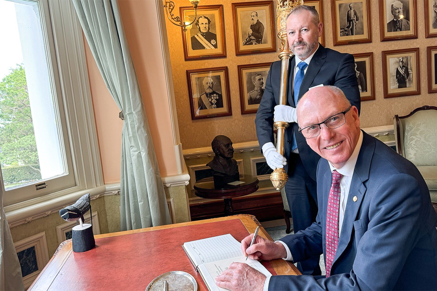 Pat Weir made Speaker, with Sergeant-at-Arms Andrew Hawkins. The Sergeant-at-Arms is the bearer of the Mace which symbolises the Speaker’s and hence the Parliament’s authority, as separate from the Crown’s.