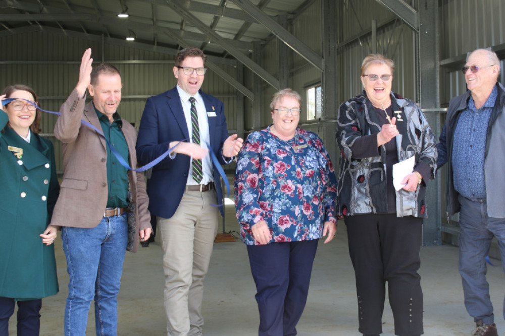 Queensland Ag Shows president Kerri Robertson, David Cooper from Coops Construction, Toowoomba Region Councillor Geoff McDonald, Oakey Show Society president Judy Byers and Oakey Show Society members Di and Tim Marsh cut the ribbon officially opening the new pavilion. The project was made possible thanks to a grant from the Federal Government’s Regional Agricultural Shows Development Program. - Photo, Allyson Gardener