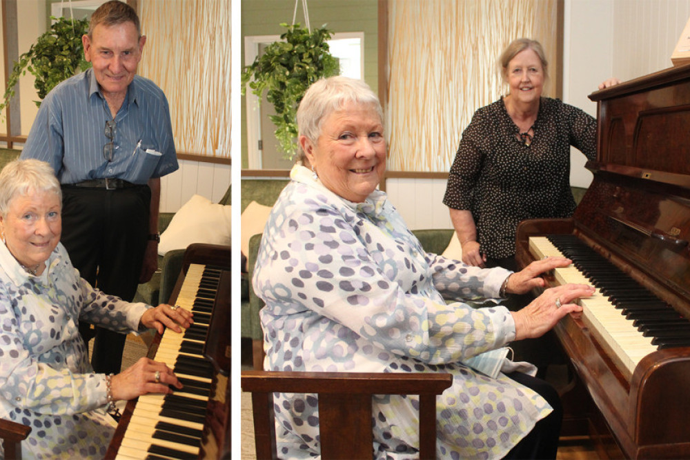 LEFT: Oakey couple Helen and Barry Bawden donated their piano to the Carinity Brownesholme aged care community in Highfields. RIGHT: Helen Bawden OAM with Carinity Brownesholme aged care Residential Manager, Jane Mackney.