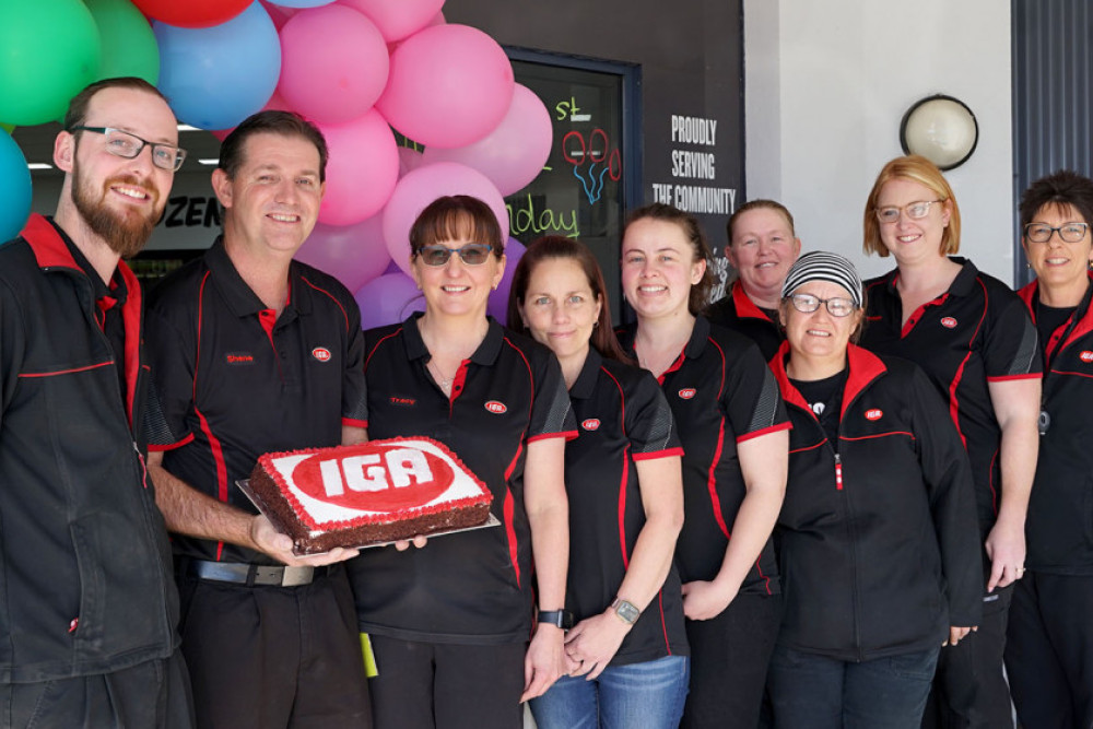 From left: Celebrating their first year at The Local Grocer IGA Westbrook owners Andrew, Shane and Tracy Smith with Colleen Lee, daughter Jess, Hayley Nothdurft, Caroline Laurie, store manager Tealah Gerlach and Sharon Glenn.