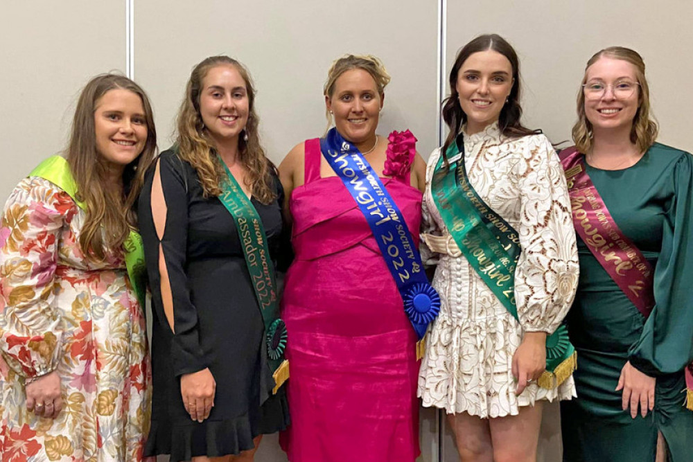 From left are 2021 Miss Popular Darling Downs Keely Berther, Pittsworth’s 2022 Rural Ambassador Belinda Weber, the 2022 Pittsworth Showgirl Sandy-Lea Riehl, Pittsworth’s 2020 and 2021 Showgirl Gabriella Moffatt, and Paige Caldwell who was Miss Darling Downs Showgirl in 2021.