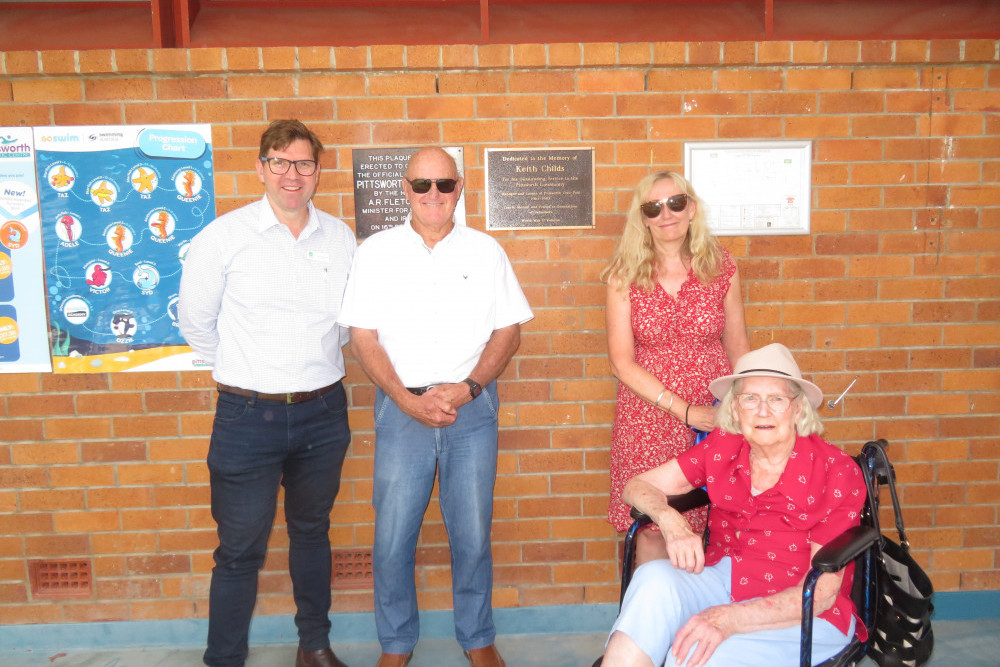 Placing a permanent reminder of Keith Childs’ contributions at Pittsworth Civic Pool on Saturday are (from left) Cr Geoff McDonald, Marvyen Whittaker, his widow Val Childs and daughter Kaylene.