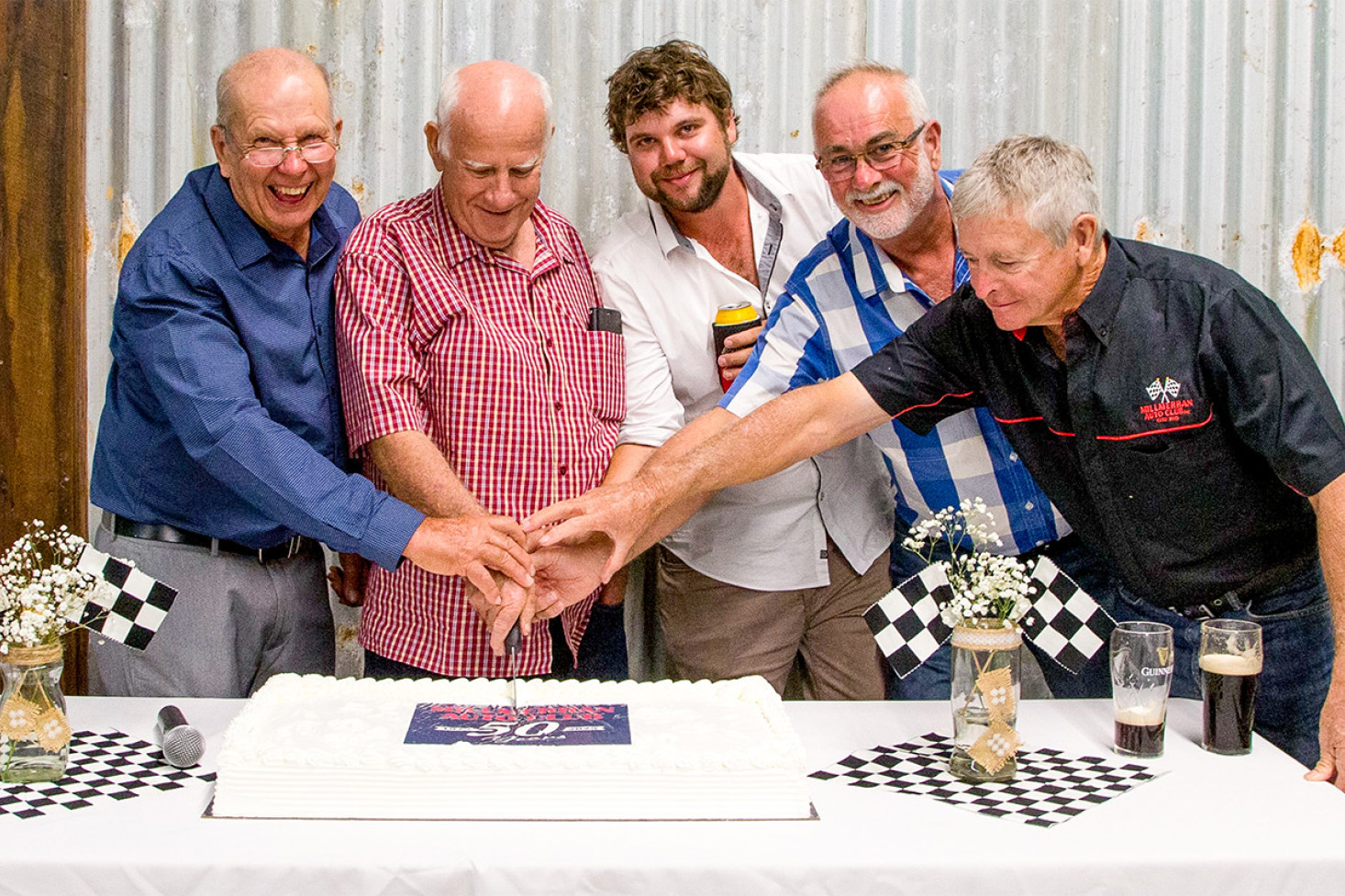 All living past and current Presidents of the Millmerran Auto Club cutting the celebration cake at the Gala Dinner on Saturday. From left: Lindsay Simmons, John Frazer, Dan Kelly, Rob Arnold and Graeme Kelly. Photo, Miss G Photography