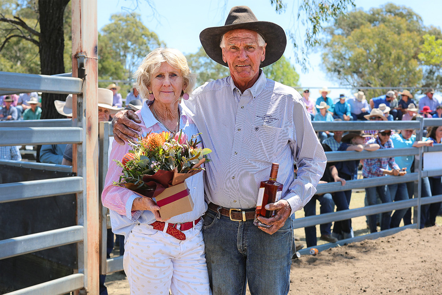 Debbie and Barry Standing of the Pittsworth and District Campdraft received gifts of appreciation from the organisers for their efforts in preparing the grounds for the event. The day was even more special for Debbie who was celebrating her birthday! Photo, Molly Thieme / In Thieme Media