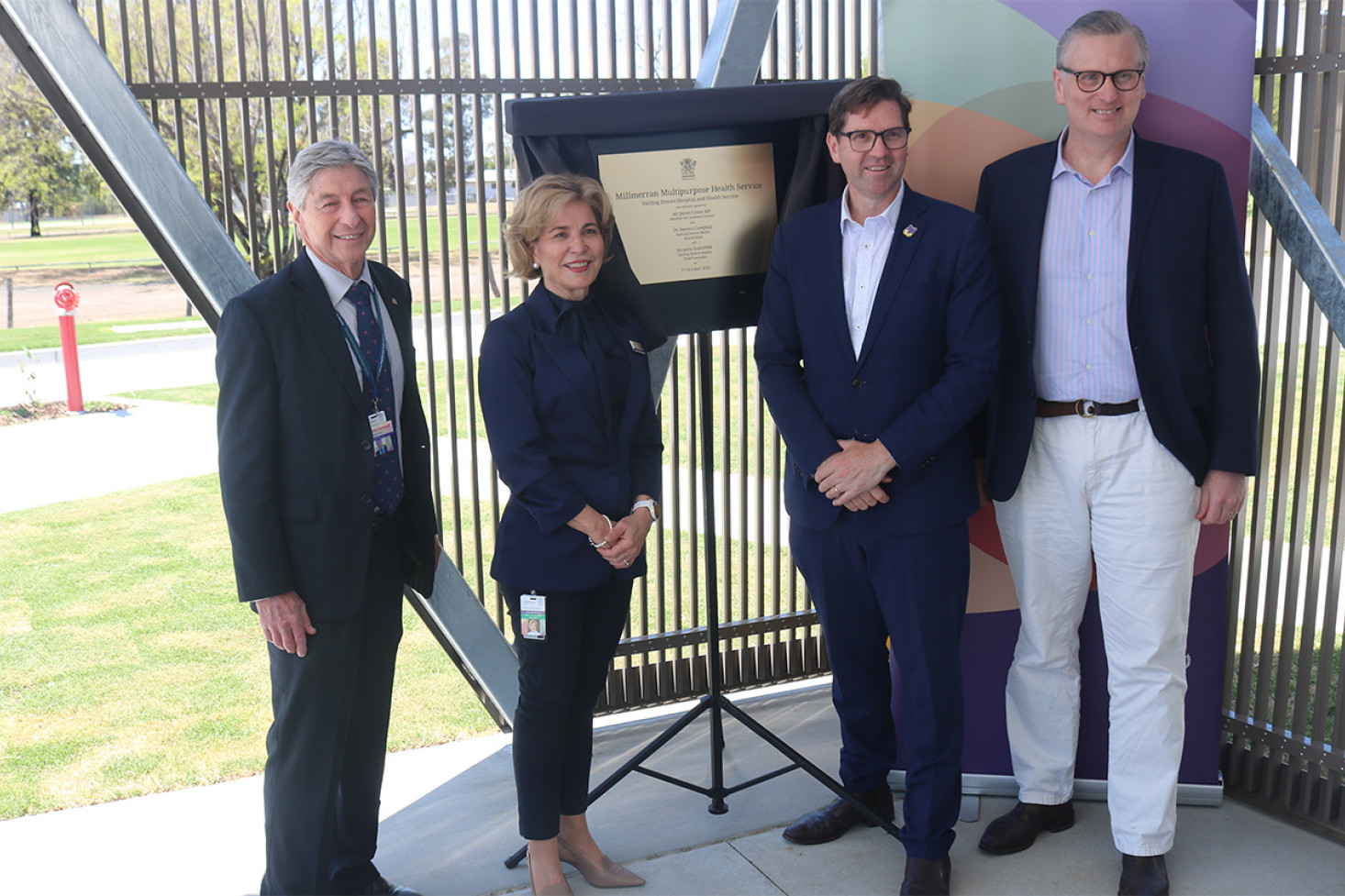 Darling Downs Health Chair Dr Dennis Campbell, DDH Chief Executive Annette Scott Toowoomba Region Mayor Geoff McDonald and Member for Southern Downs James Lister standing next to the newly unveiled plaque.