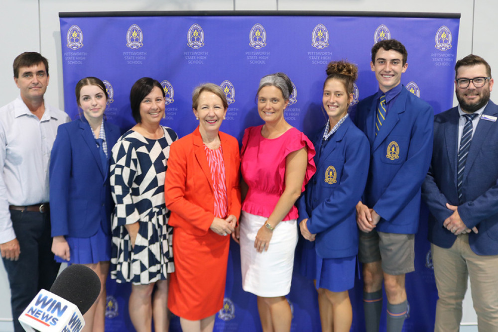 Proud to have a new multi-purpose school hall are PSHS school leaders Liam Cousen, Jess Hegarty, Kiera Macdonald and Principal Dan Lindenmayer with Education Minister Di Farmer (centre).