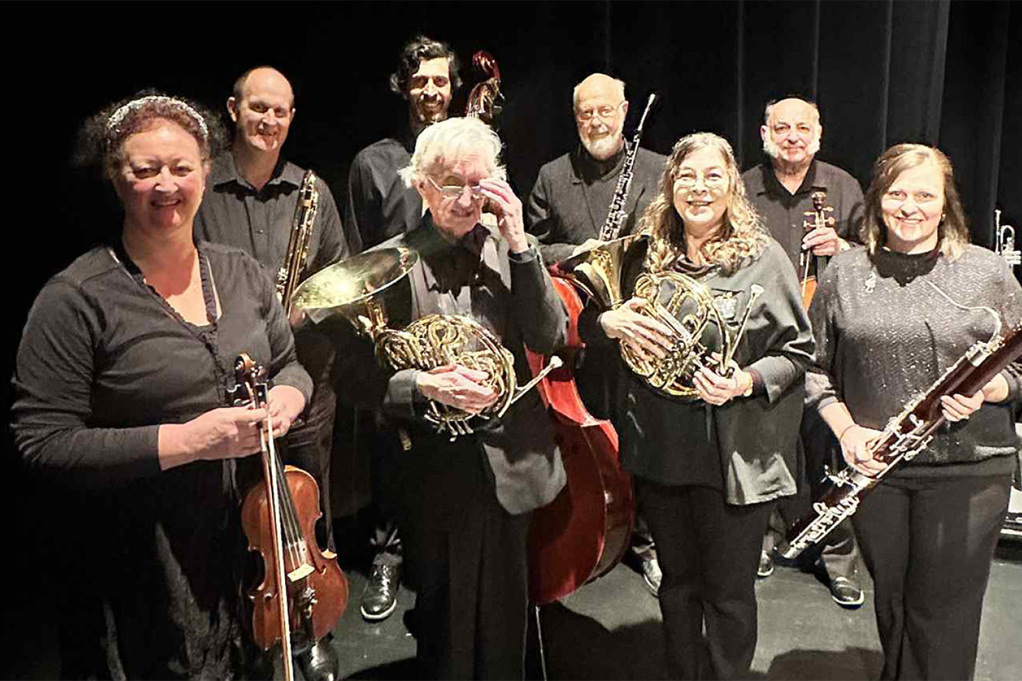 Talented Pittsworth musicians at the recent Toowoomba Concert Orchestra’s 50th anniversary celebration were (back from left) Luke Todd (Trombone), Lance Peters (Double Bass), Ian Clarke (Cor Anglais), Mike Spiller (Viola), (front row) Stella Rotar (Violin), John Redfearn (Horn), Antoinette Jones (Horn) and Peta Watts (Bassoon).