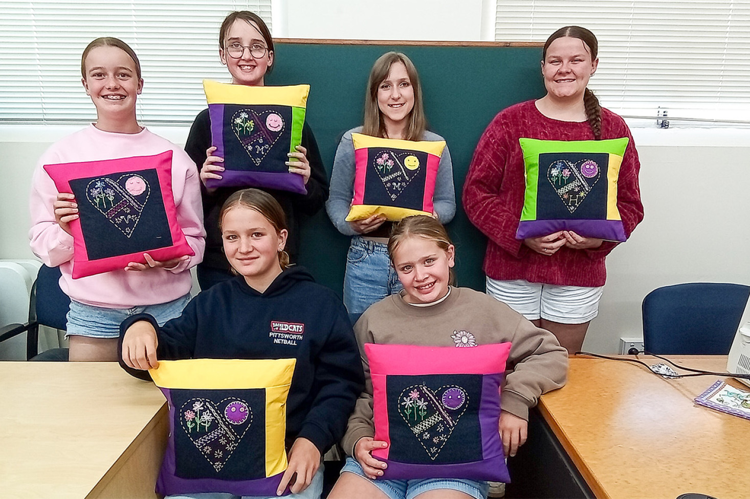 Verity, Lina, Mabel, Sienna, Matilda and Abigail, with their completed cushions.