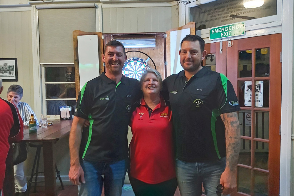 Pub Darts placegetters Nathan Rattway, Cathy Baker and Evan Caldwell.