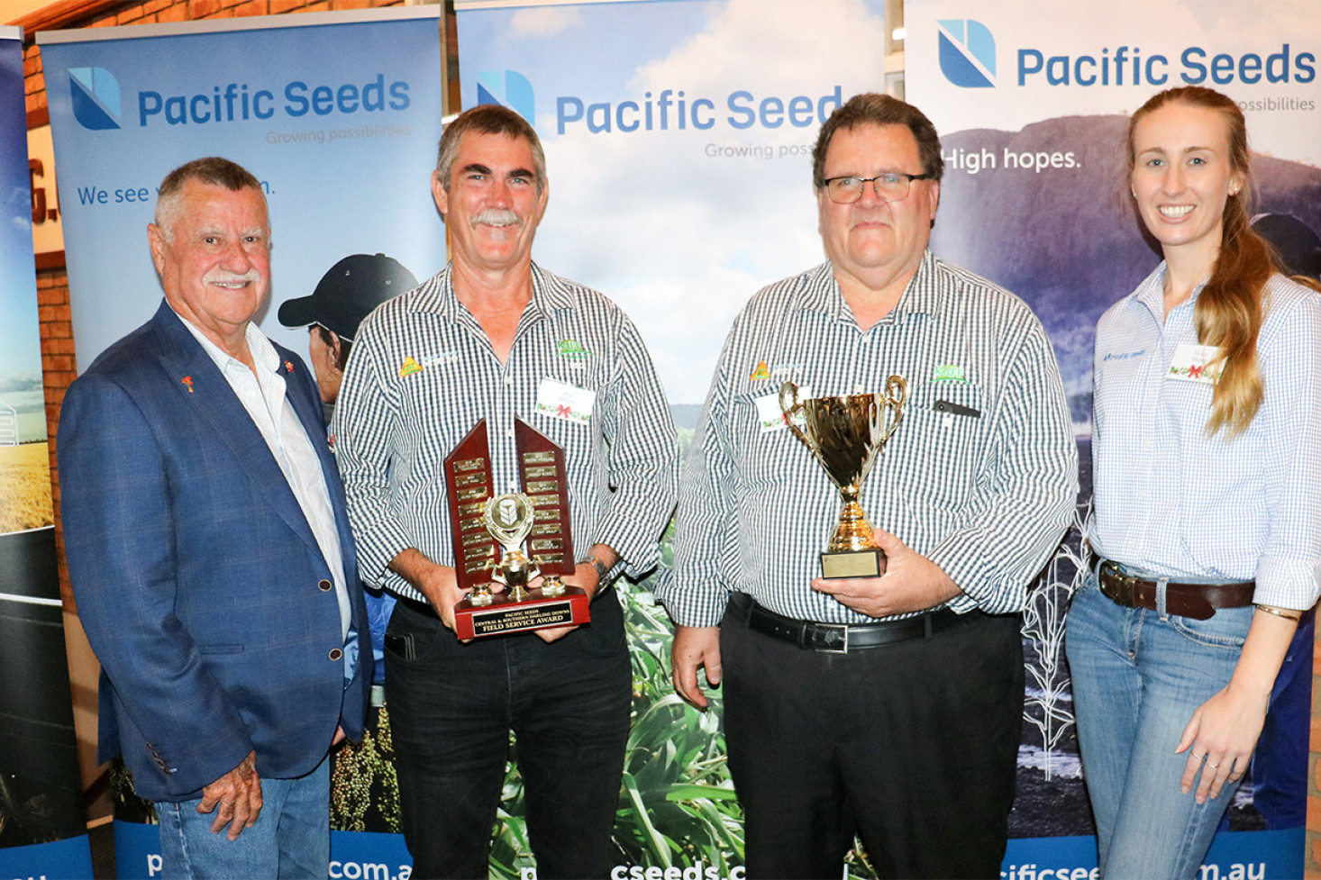 Pacific Seeds Territory Manager for the Central and Southern Downs Bill Smith with the Raff Group Clifton Manager Reg Abbott, Clifton staffer Shane Mathies and Grace Maher from Pacific Seeds.