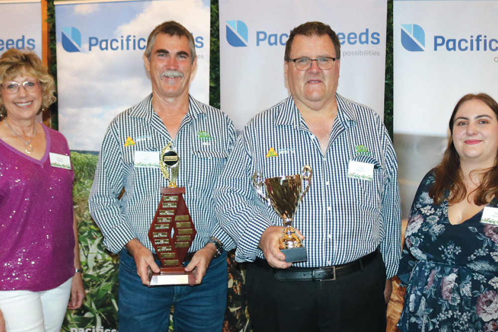 Representing the Raff Group, with branches at Clifton, Pittsworth and Millmerran, Reg Abbott and Shane Mathies with Pacific seeds staffers Pauline Twidale and Sam Kalman.