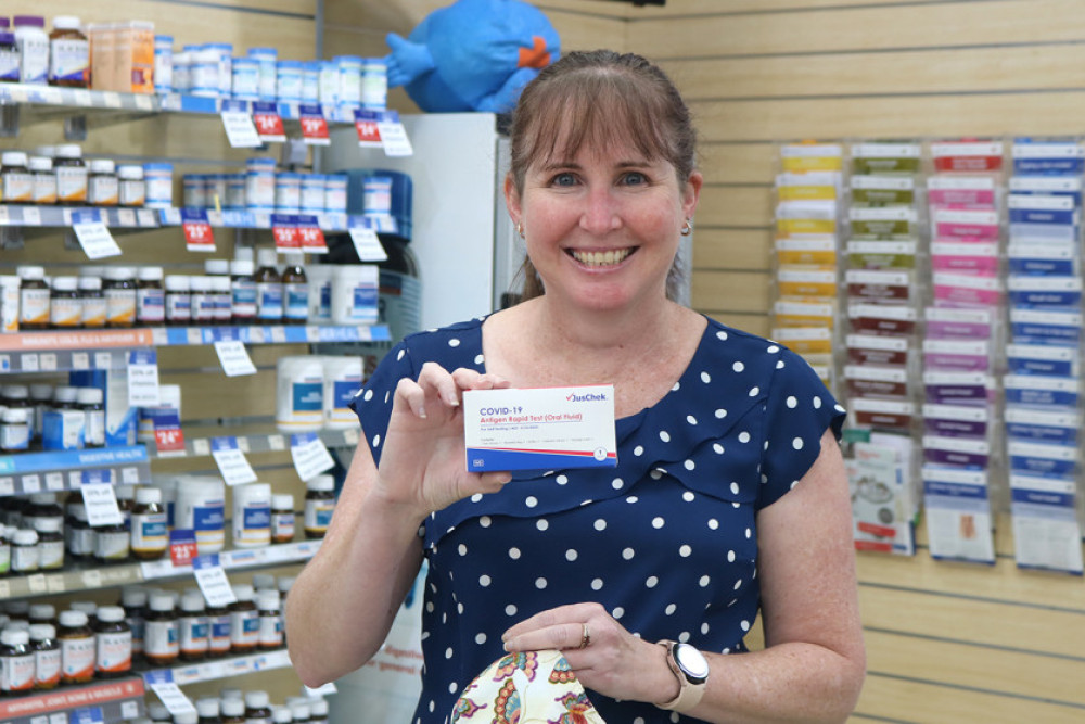 Cains Pharmacy’s new permanent Pharmacist Karen Congreve who started on Tuesday holds the Oral Fluid Rapid Antigen Test (RAT) that the pharmacy currently has in stock.