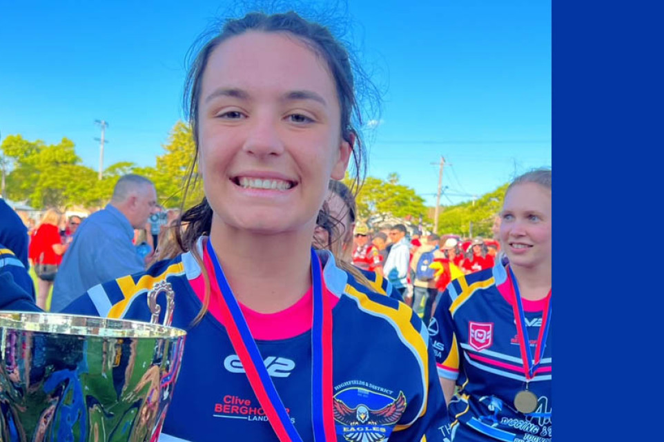 Reagan McMillan enjoying the spoils of the Toowoomba Rugby League Open Women’s Premiership win with the Highfields Eagles on Saturday at Clive Berghofer Stadium. Photo, Alana McMillan