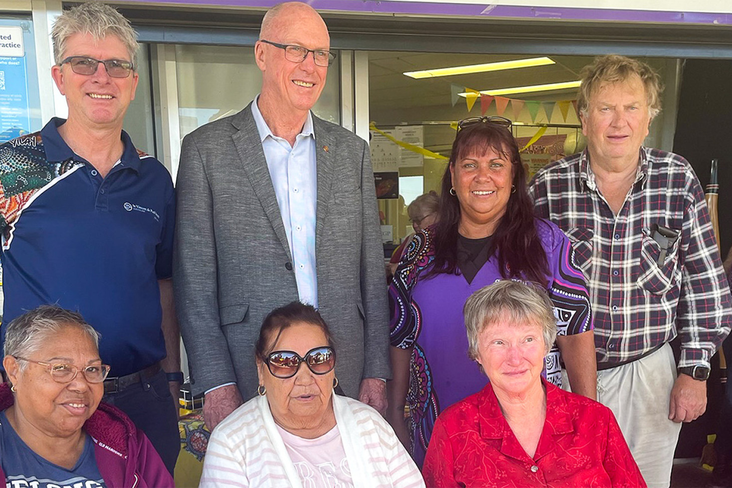 Back Row: Mark Copland (Vinnies), Pat Weir MP, Jennifer Wharton, Trevor Austin. Front Row: Denise Marsh, Joanne Burns, Valma Austin at Monday’s BBQ.