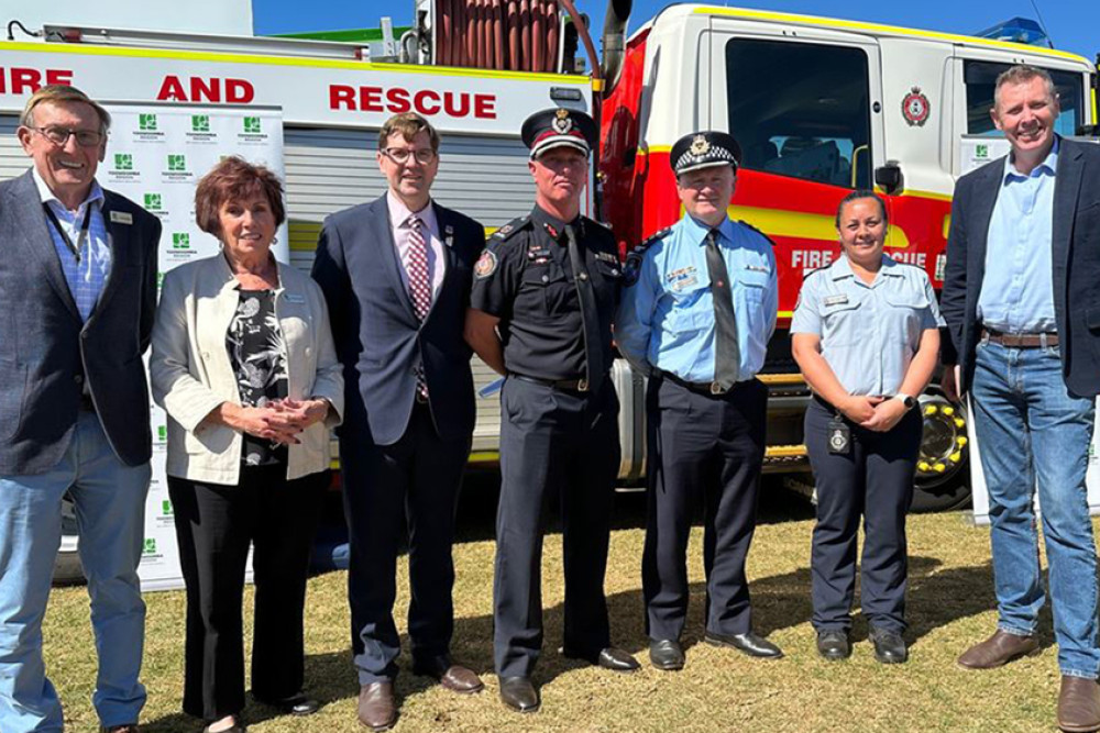 From left: Cr Kerry Shine, Cr Carol Taylor, Mayor Geoff McDonald, QFES Assistant Commissioner Jason Lawler, QPS Toowoomba Police District Inspector Paul James, QAS Acting Officer in Charge Toowoomba Ambulance Station Mei-Lin Dean and Federal Member for Groom Garth Hamilton at the 2023 Road Safety Week launch.