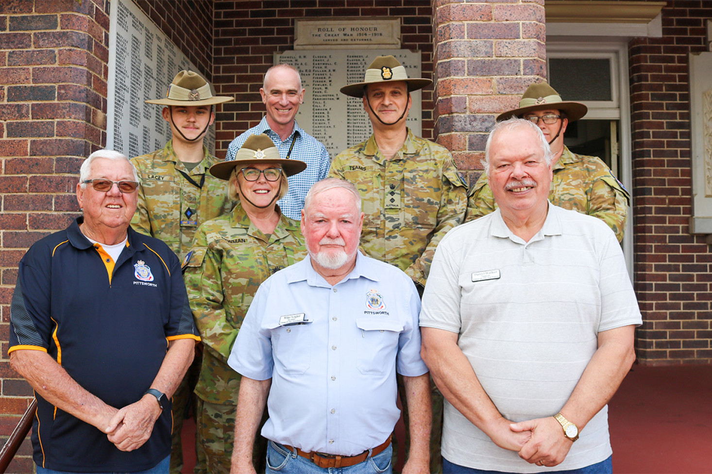 A stop at the Pittsworth RSL Sub-Branch on their regional tour: (from back) RCUO Luke Lacey, Michael Byrne (Brigade Executive Officer), Commander Arthur Tsamis (South Qld, AAC), Captain Peter Greenwood (19ACU, AAC), Warrant Officer Class 1 Kim Newman with (front) Nev Cullen, Mike Vogler and Darryl Walker.