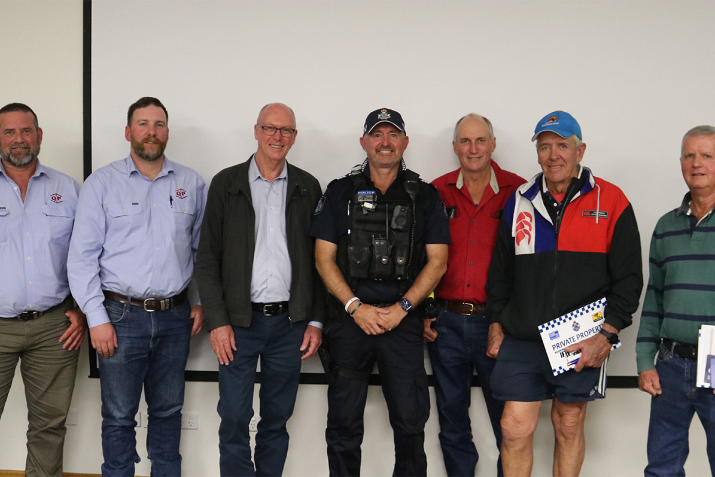 Plain Clothes Senior Constable Adrian Niemann (Rural and Stock Crime Squad), Detective Senior Constable Chris Hurtz (Rural and Stock Crime Squad), Pat Weir (Member for Condamine), Sergeant Tim Hoffmann (OIC, Pittsworth Police Station) with landholders Don Steffens (Felton South), Bruce Von Hoff (Norwin) and Errol McEwan (Bongeen).