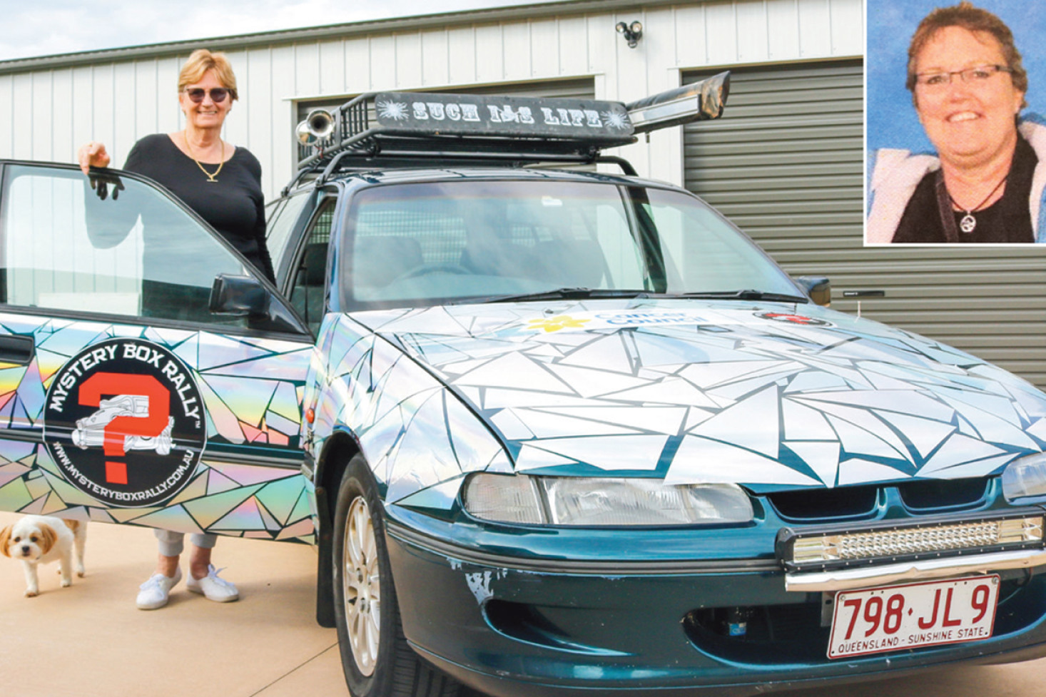 Allora’s Margaret Hart and her friend Ruth Ronan (inset) will be racing this Holden Commodore in the Mystery Box Rally.