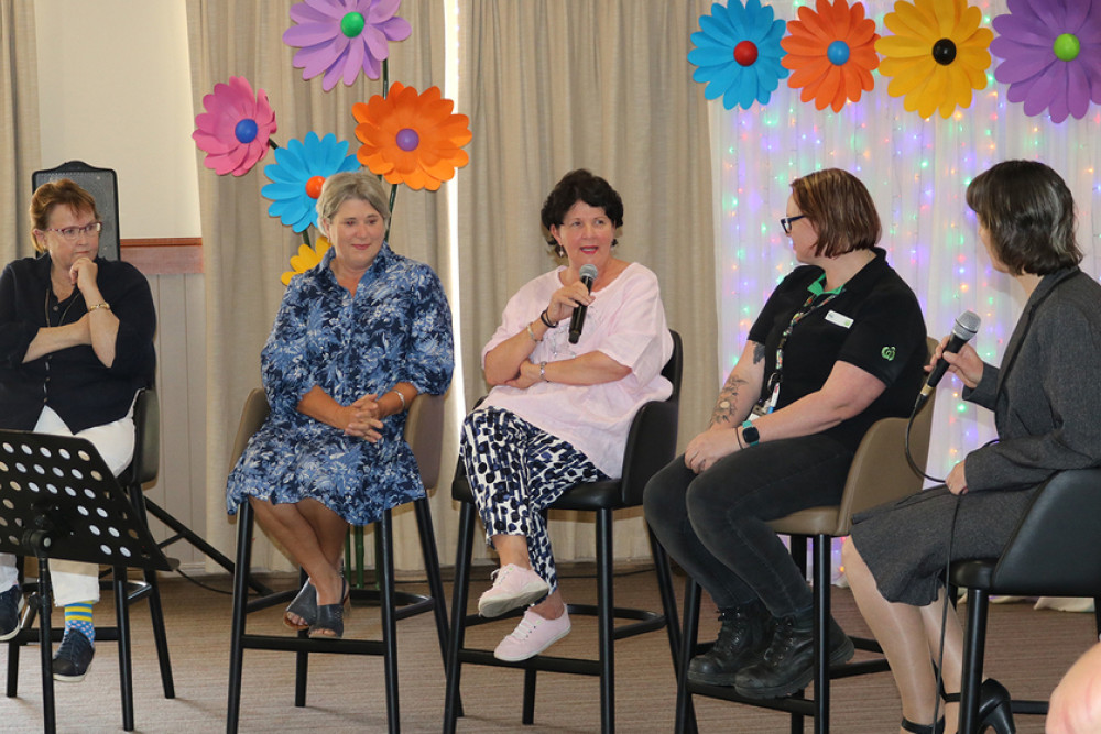 Second panel, from left: Ros Turner (Pittsworth State High Chaplain), Carol Coonan (Principal of Pittsworth State Primary School), Councillor Nancy Sommerfield and Mel Howe (Pittsworth Woolworths).