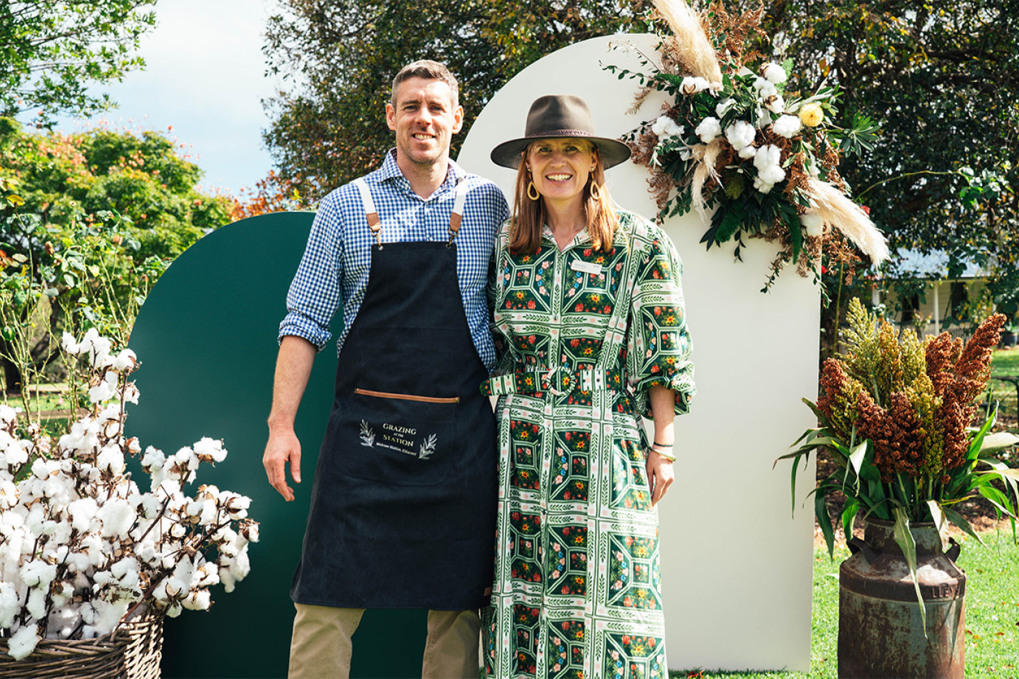 Shaun Munro and Sarah Henry among some of the spectacular decorative pieces in the garden.