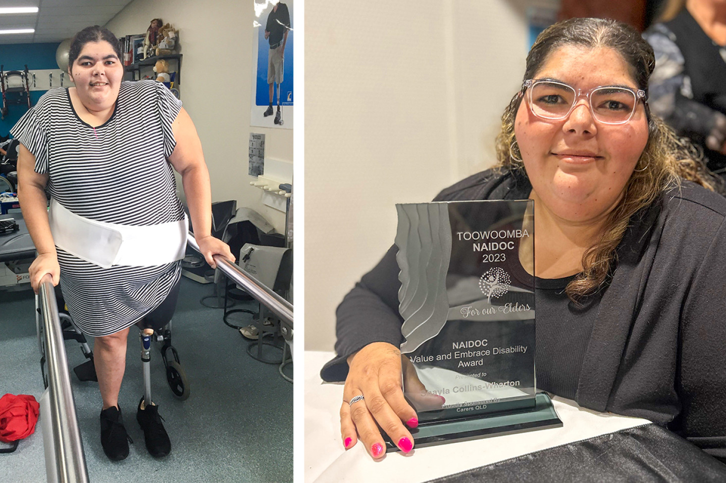 Left: Shayla Collins-Wharton using her prosthetic leg. Right: Shayla with her 2023 NAIDOC Award.