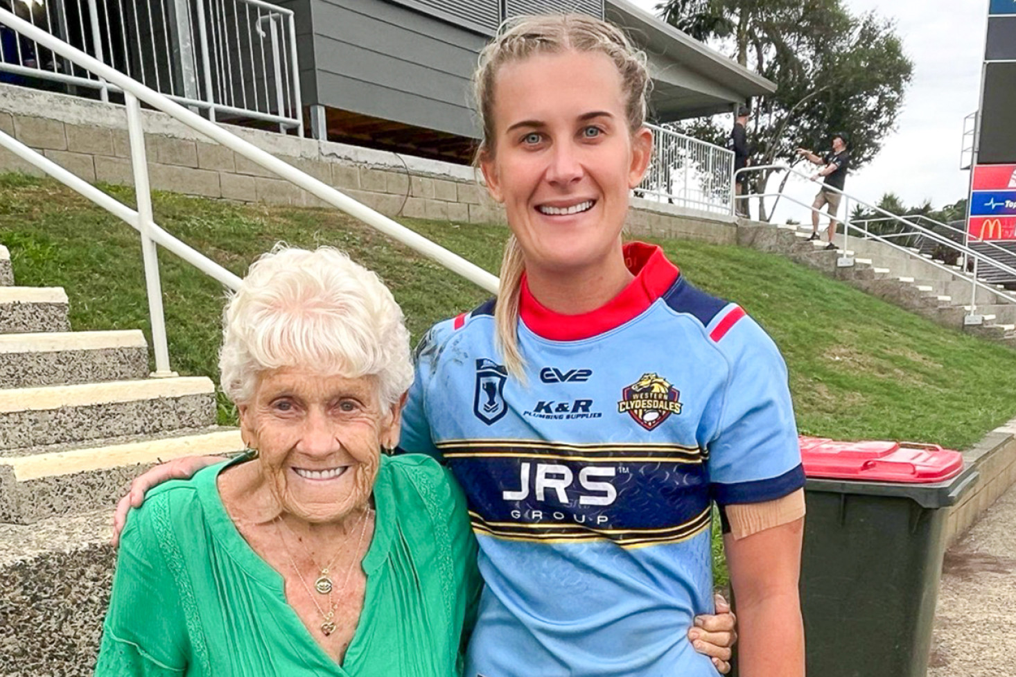 ABOVE: Oakey Swimming Club legend Beryl Achilles with granddaughter Shenae Ciesiolka at Clive Berghofer Stadium.