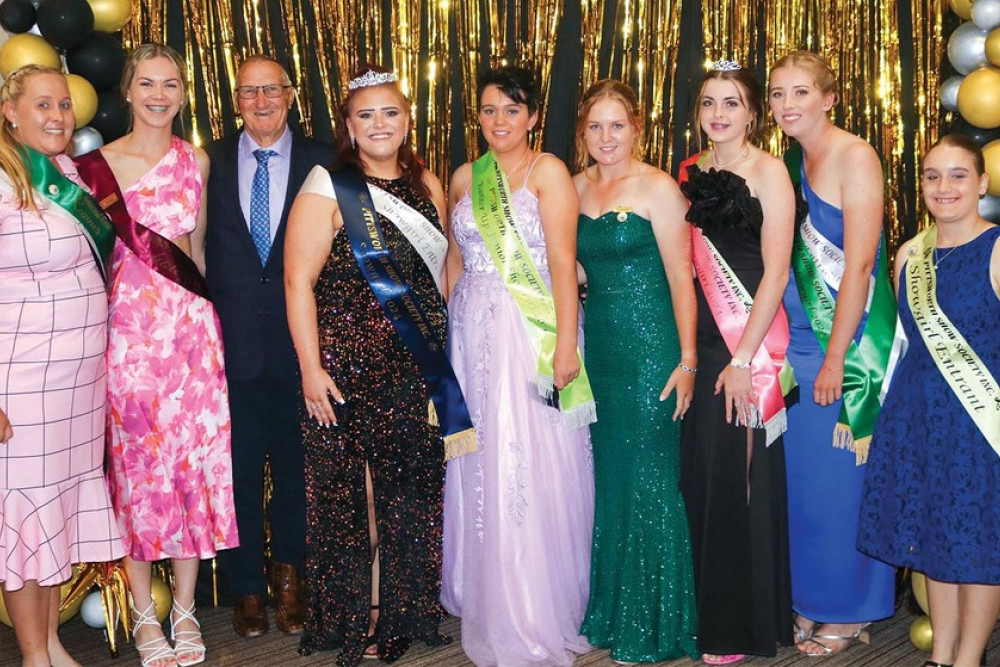 (From left) Sandy-Lea Riehl (2023 Showgirl, 2023 Fundraiser, Darling Downs Showgirl Runner Up), Elly Close (2023 Darling Downs Sub Chamber Winner), Allan Denning (President), Beccy Karlisch (2024 Showgirl Winner), Brianna Gartner (2024 Junior Showgirl Runner Up), Nicole Robertson (2024 Junior Rural Ambassador Winner), Jessica Hegarty (2024 Junior Showgirl Winner), Kelsie Wilkes (2024 Showgirl Runner Up) and Anastazia Kingsford (2024 Junior Showgirl entrant).