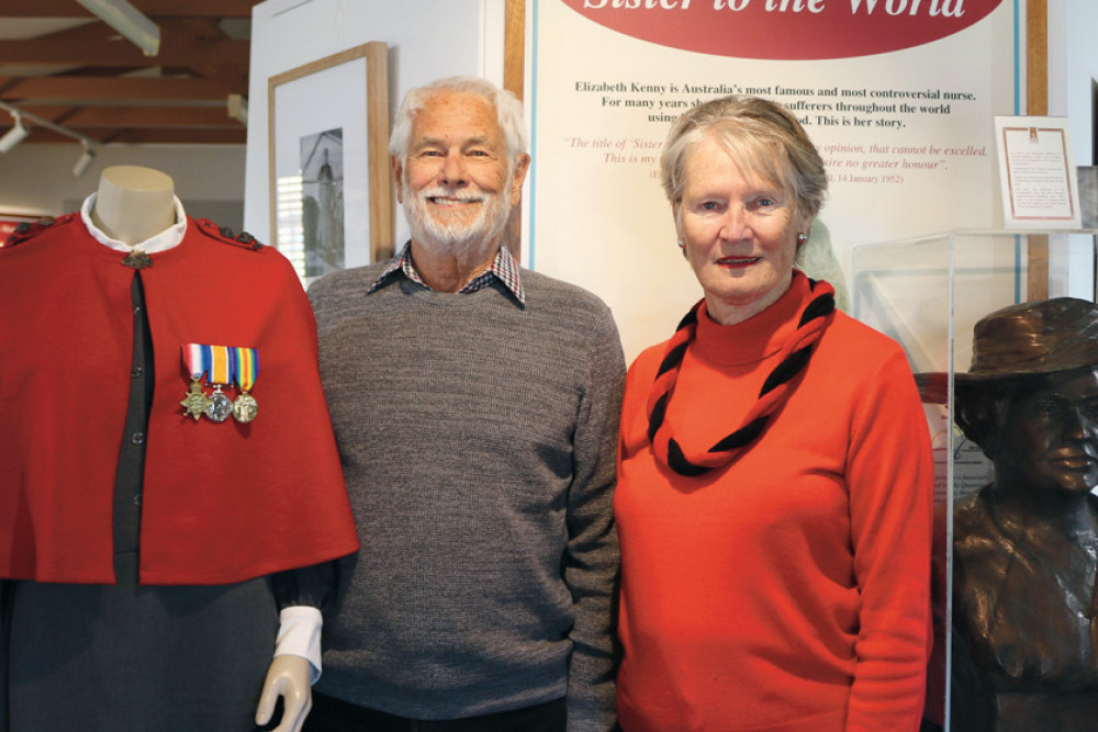 Tony and Tricia Wallen are doing their part to keep the memory of Sister Elizabeth Kenny alive. A replica World War I nurse’s uniform, like the one Sr Kenny would have worn, can be seen on their left and Sr Kenny’s bust on their right.