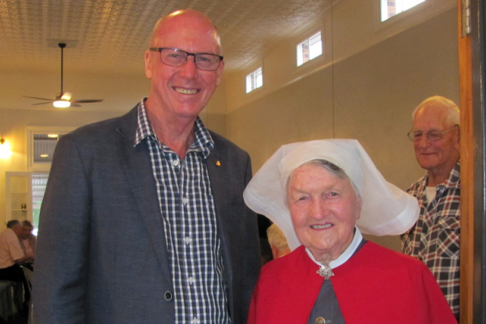 Member for Condamine Pat Weir and Del Priebbenow, who was dressed as a nurse from the Sister Kenny era and welcomed guests as they arrived at the Gallery.