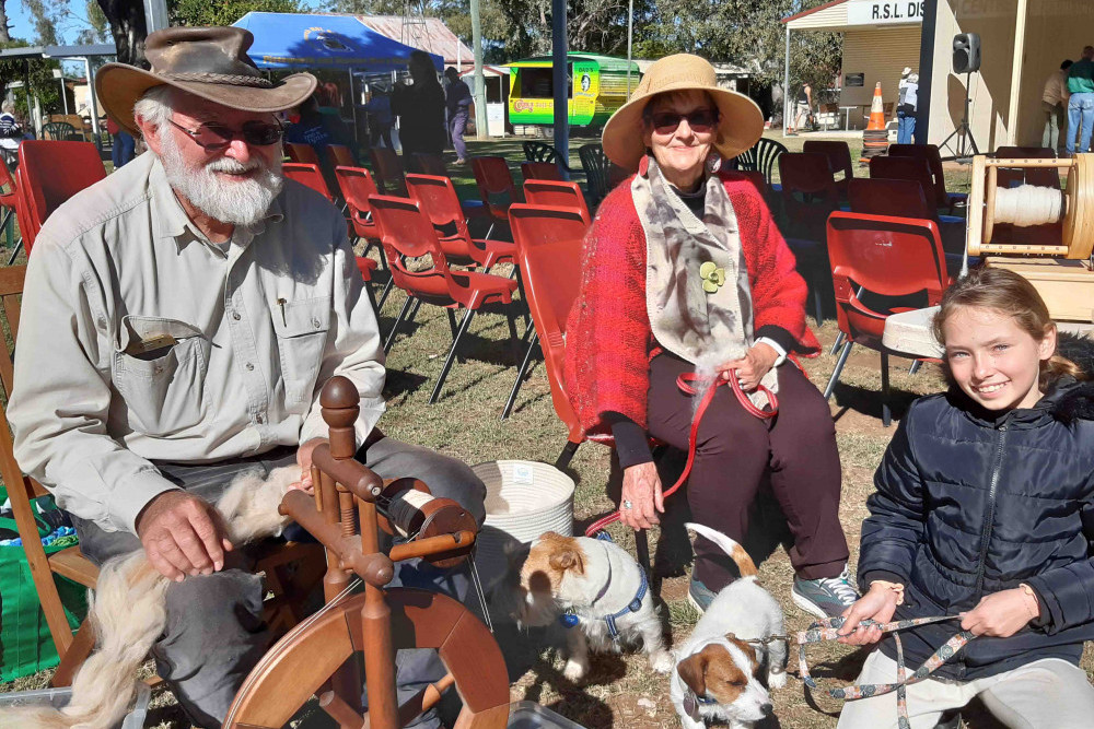 Spinners Leon Surawski and Gretchen Thomson had young Irina Surawski and canines Buster and Skye assisting their demonstration on Sunday morning.