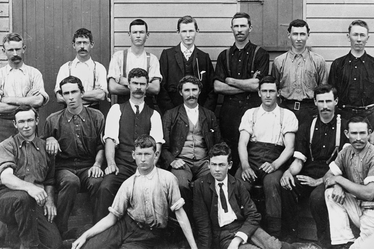 Pittsworth Cheese Factory staff members 1908-1910 were (back row) Dick Cooper, Arthur Vines, Cecil O’Dea, Archie Daniel, Harry Pugh, Ernie Geogard, Ned Thomas (centre row) George Schmidt, Bill Hayes, Clarence Moad, Percy Bayley, Percy Farrington, Arthur Geogard (front row) Herb Gallager, Les Pitt and George Roylance.